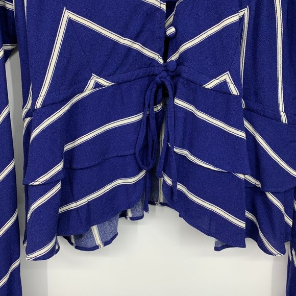 Free People Top Samifran Blue Stripe V Neck Button Long Sleeve - Picture 7 of 12